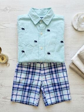 Janie and Jack Mint Button-Down Shirt with Navy Elephant Linen- Cotton Size 2T